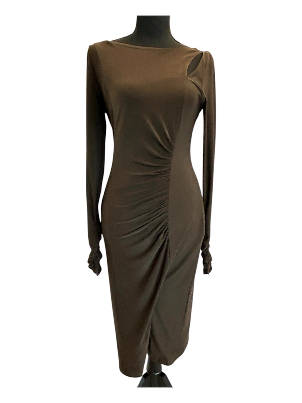 Joseph Ribkoff dark chocolate Brown Long-Sleeve Ruched Midi Bodycon Dress 6